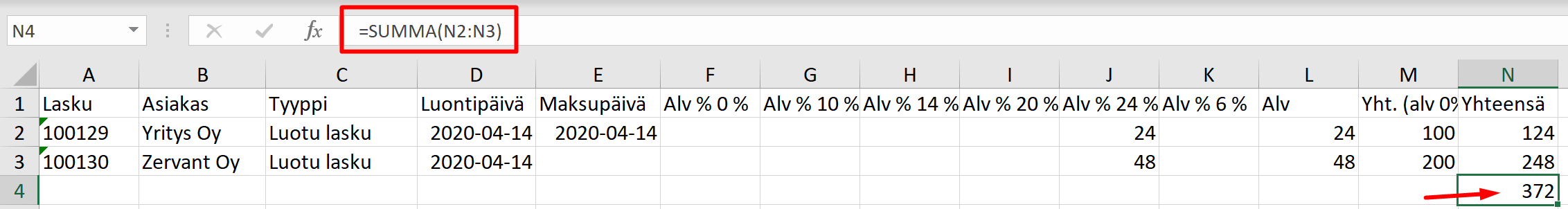 Lisää tapahtumien kokonaissumma Excelin SUMMA-funktiolla