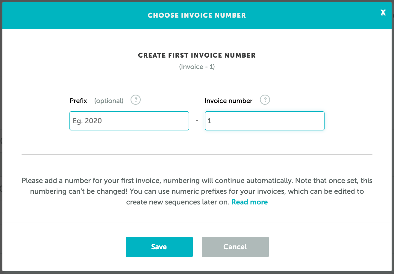 Invoice number menu in Zervant