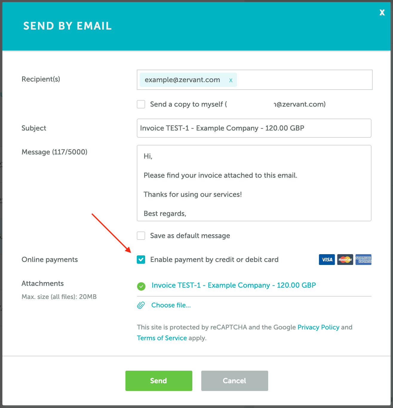 Activating Online Payments in email invoices in Zervant