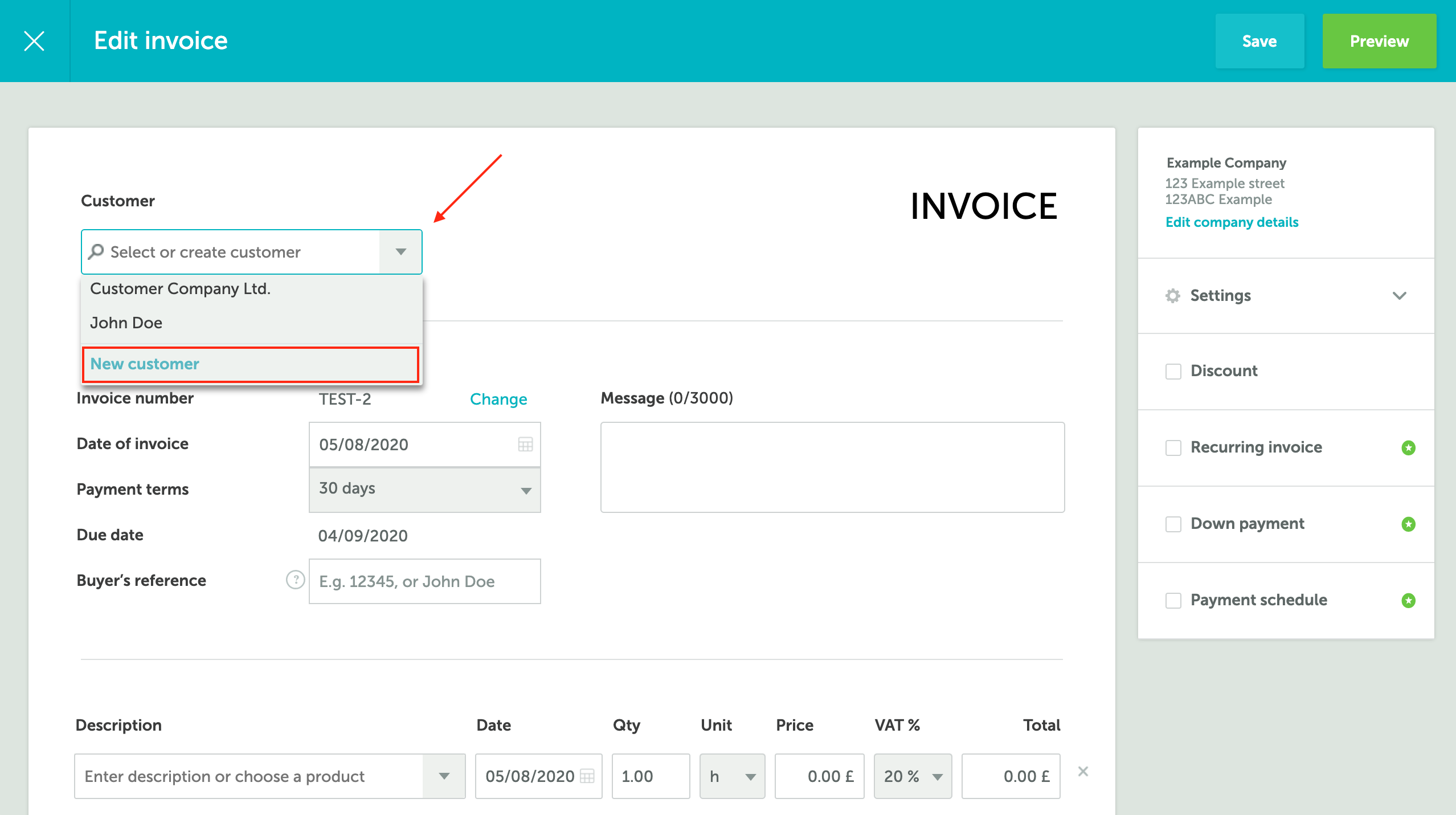Add a new customer in Zervant through the invoice editor